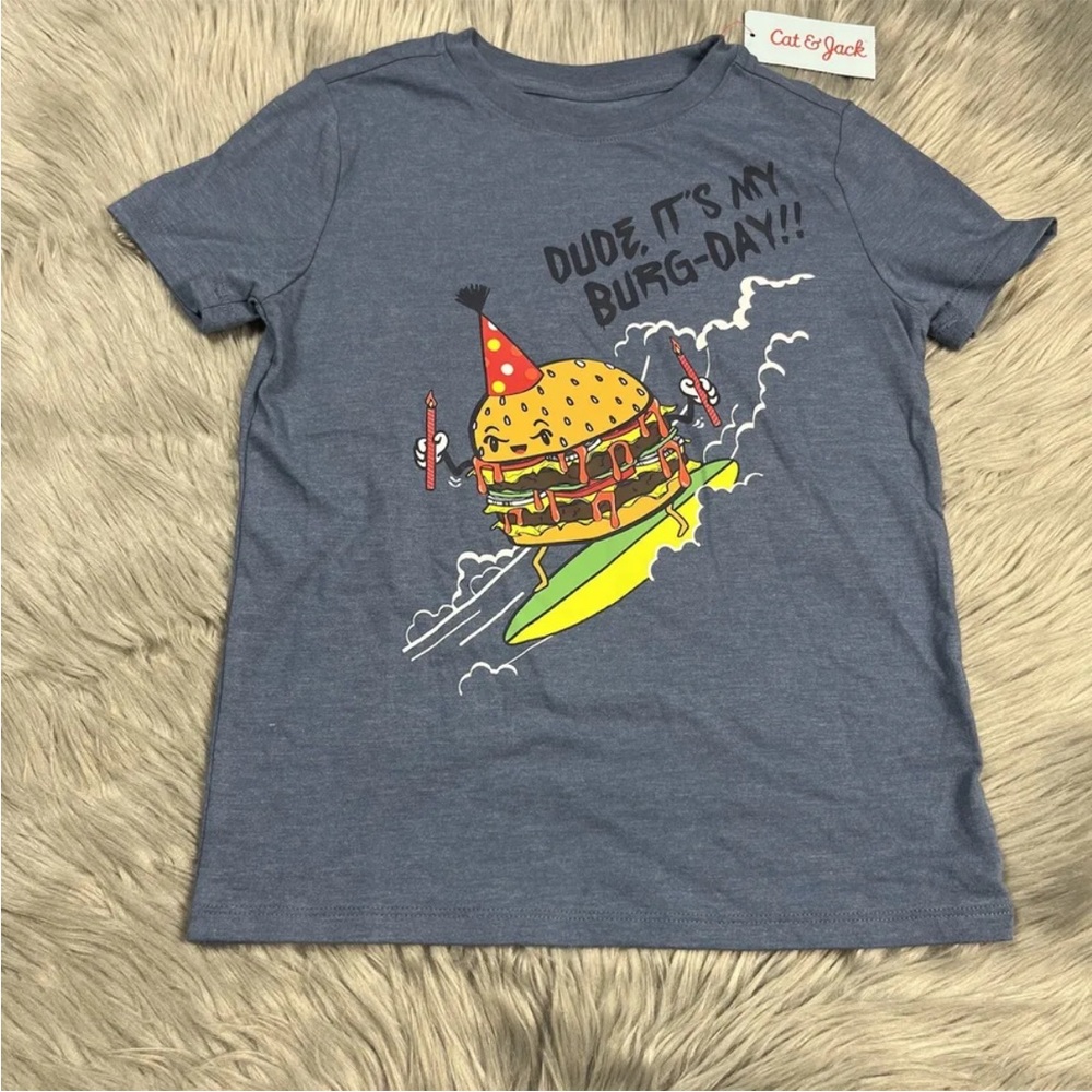 Cat & Jack Boys Size Small 6/7 Birthday Burger Blue T Shirt